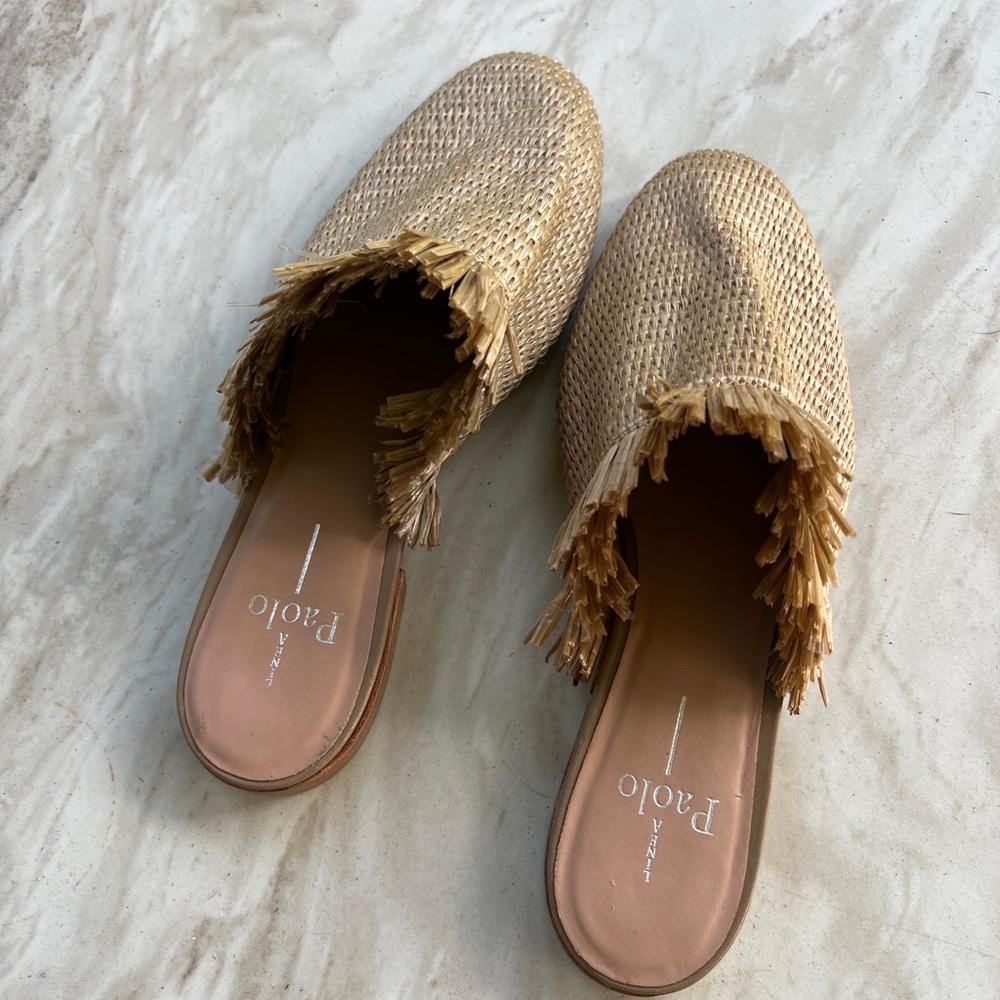Women's Linea Paolo Tan Raffia Fringe Mule Slip On Size 8